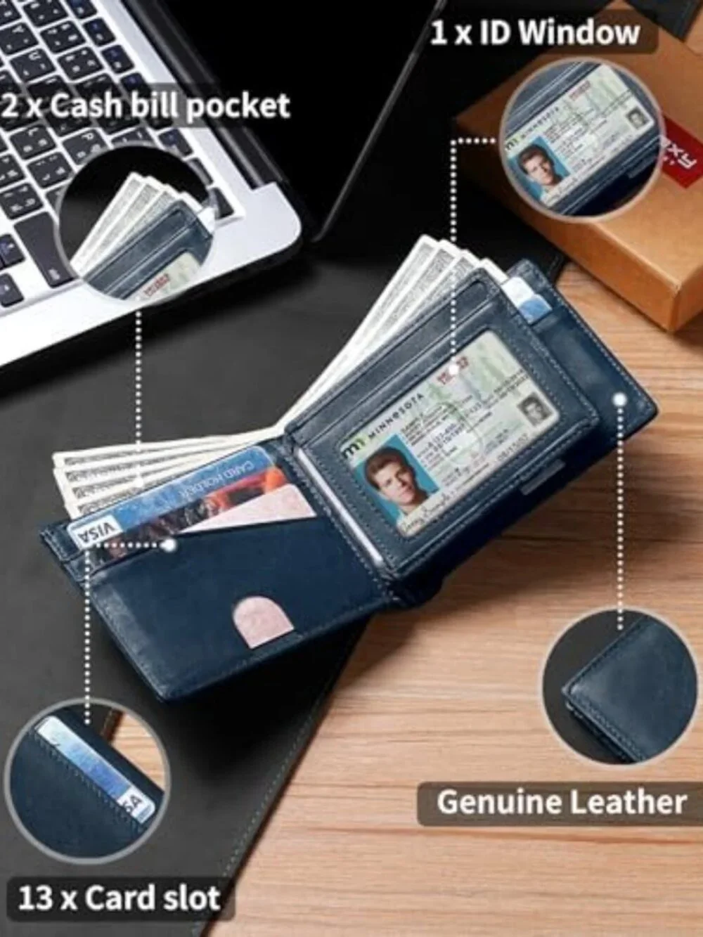 Genuine Leather Bifold Wallet for Men | RFID Blocking, 13 Card Holders, Gift Box